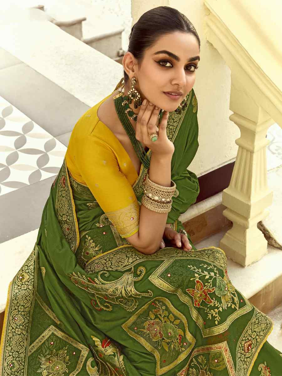 Green Black Viscose Handwoven Festival Wedding Fancy Heavy Border Saree