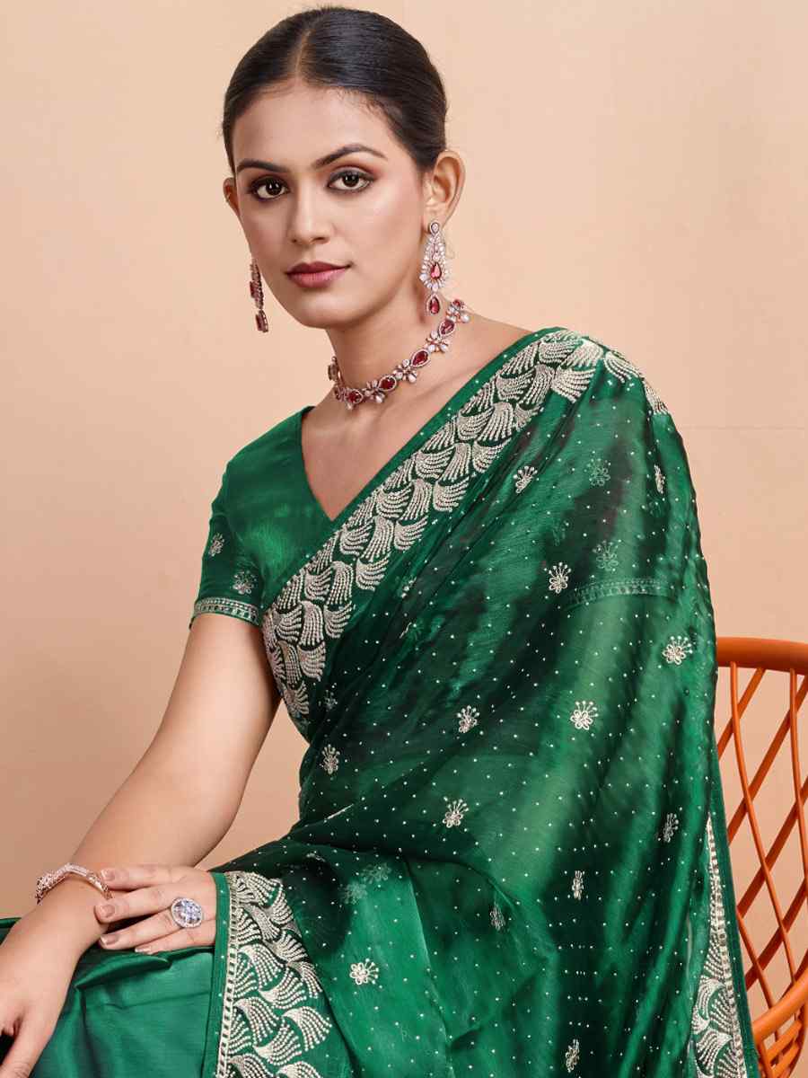 Green Blooming Burberry Embroidered Festival Party Heavy Border Saree