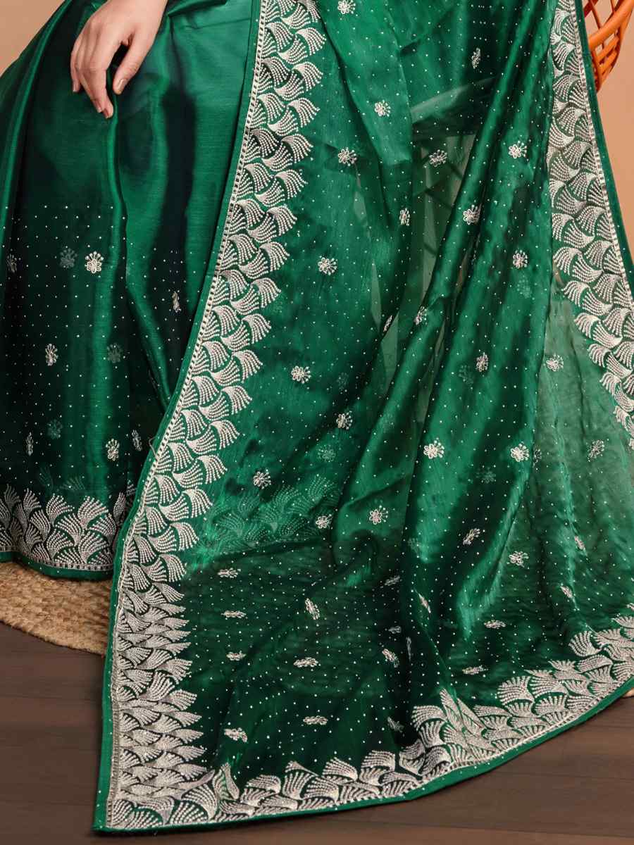 Green Blooming Burberry Embroidered Festival Party Heavy Border Saree