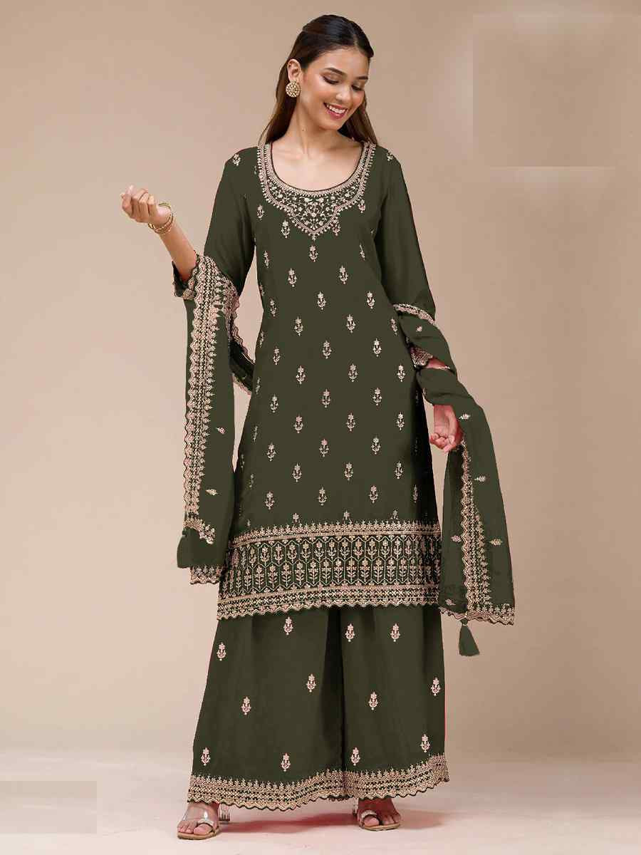 Green Blooming Georgette Embroidered Festival Wedding Palazzo Pant Salwar Kameez