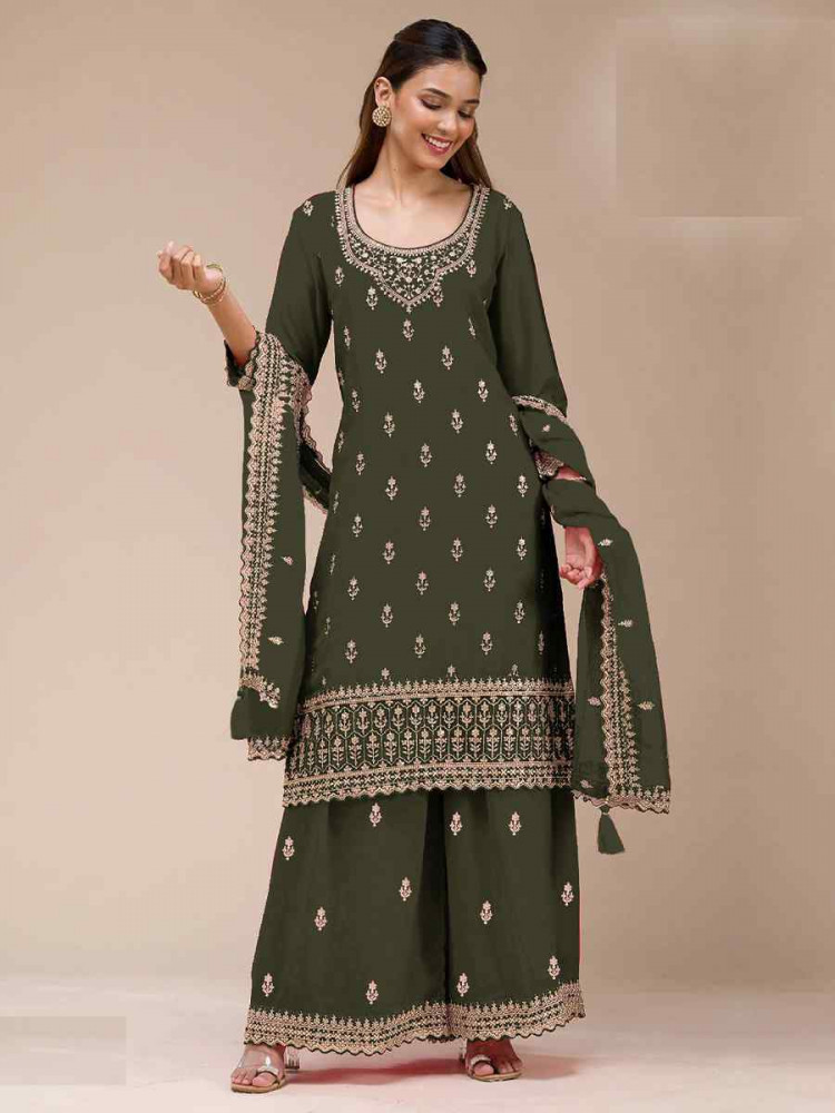 Image of Green Blooming Georgette Embroidered Festival Wedding Palazzo Pant Salwar Kameez
