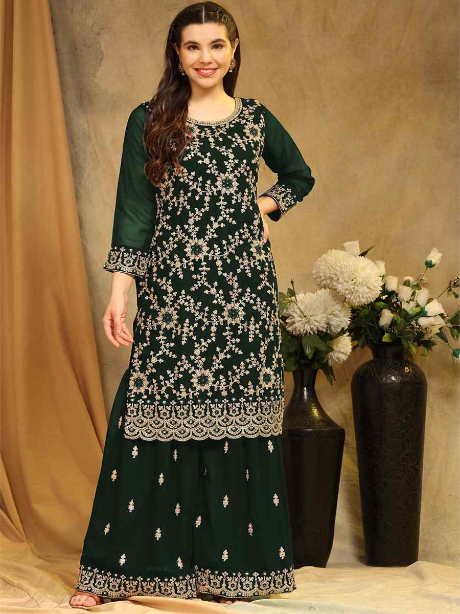 Green Blooming Georgette Embroidered Festival Wedding Palazzo Pant Salwar Kameez