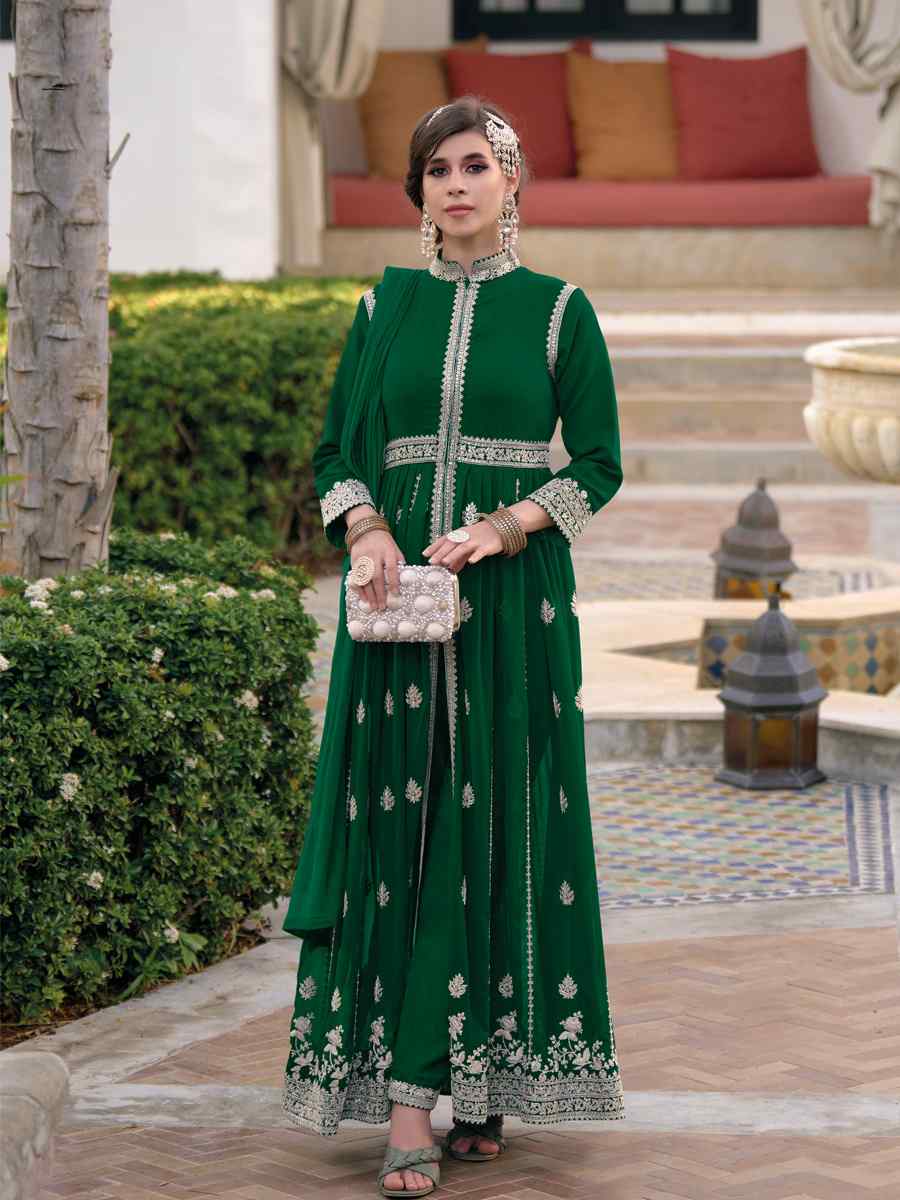 Green Blooming Georgette Embroidered Wedding Festival Anarkali Salwar Kameez