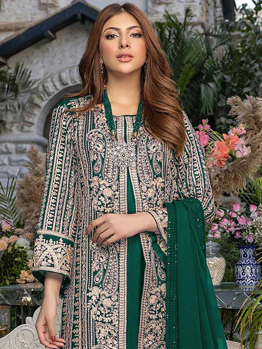Green Blooming Georgette Embroidered Wedding Festival Palazzo Pant Salwar Kameez
