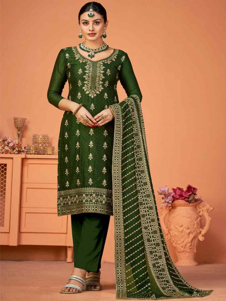 Green Blooming Vichitra Embroidered Festival Party Pant Salwar Kameez