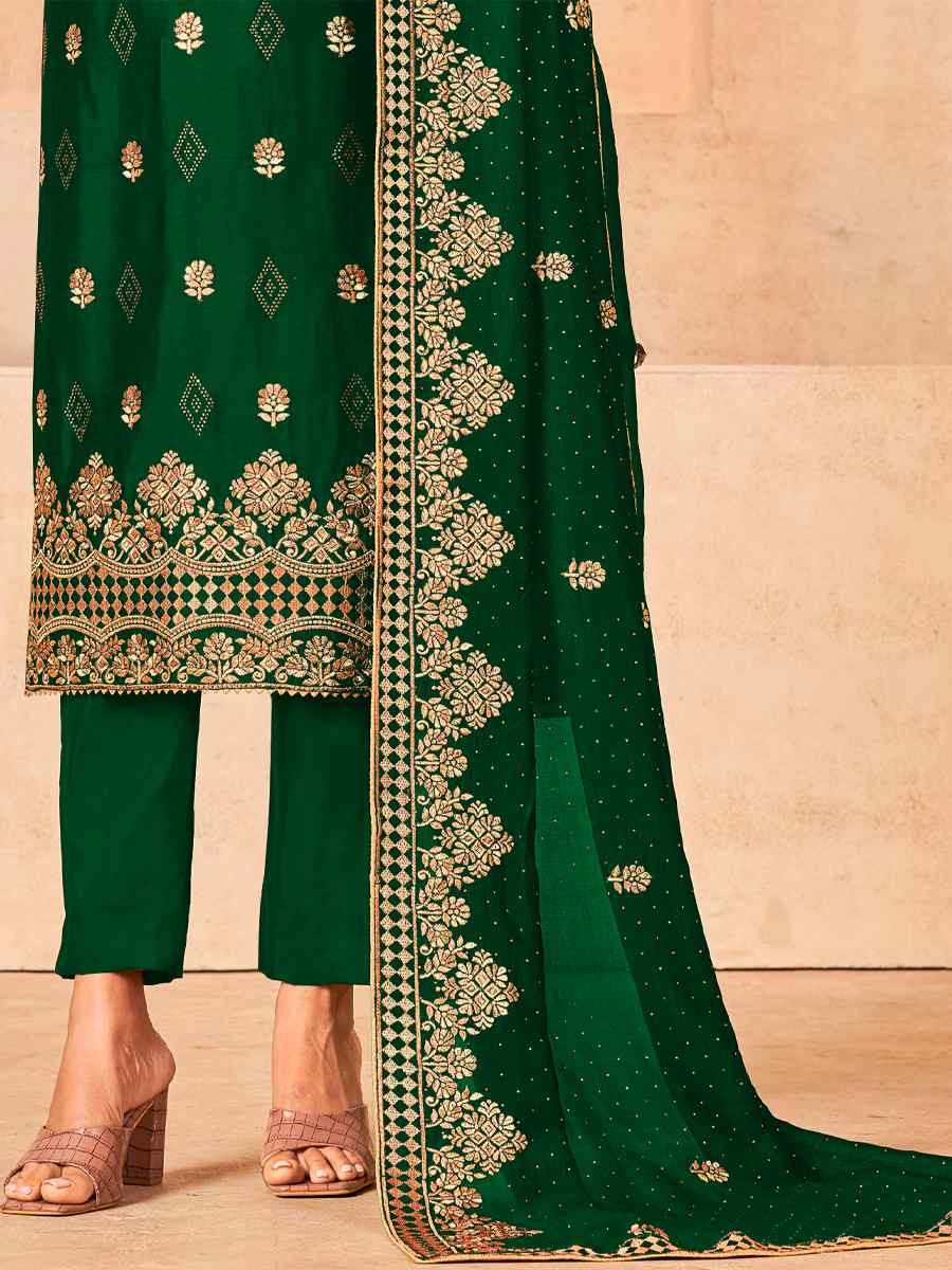 Green Blooming Vichitra Embroidered Festival Wedding Pant Salwar Kameez
