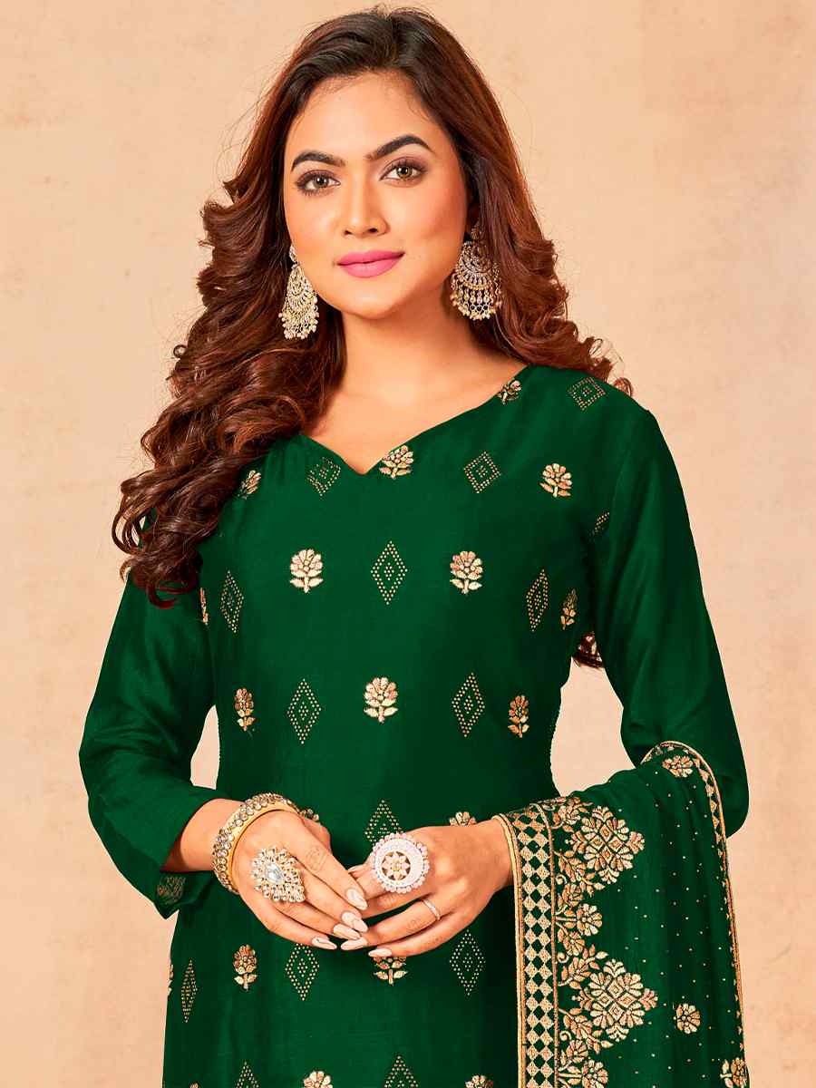Green Blooming Vichitra Embroidered Festival Wedding Pant Salwar Kameez