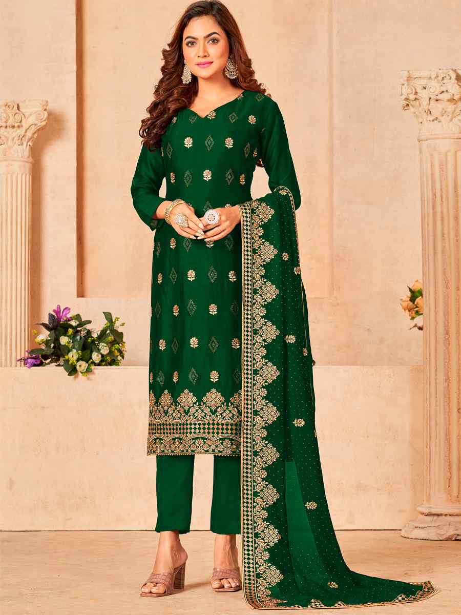 Green Blooming Vichitra Embroidered Festival Wedding Pant Salwar Kameez