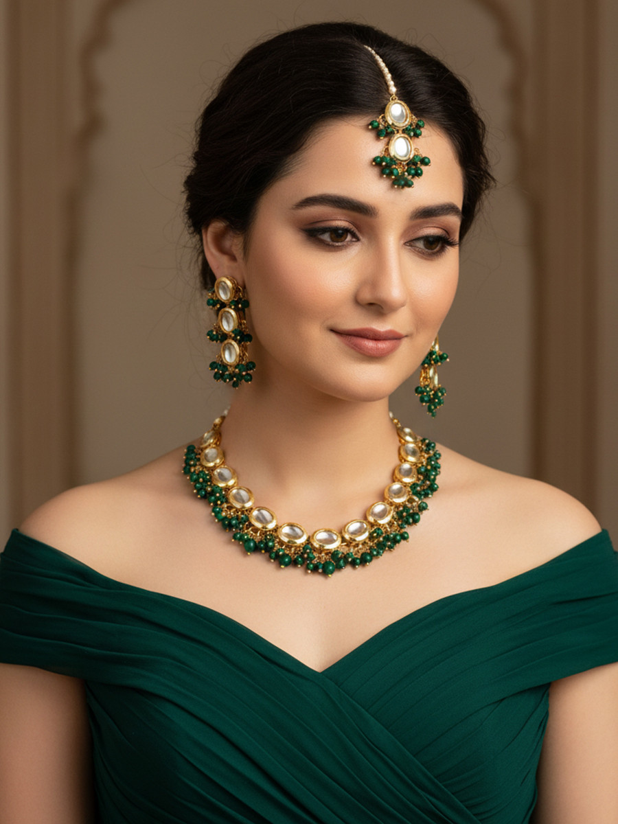 Green Brass Wedding Party Festival Wear Kundan Necklace