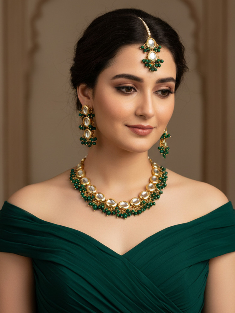 Image of Green Brass Wedding Party Festival Wear Kundan Necklace
