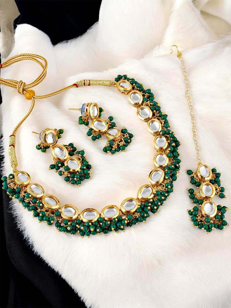 Green Brass Wedding Party Festival Wear Kundan Necklace