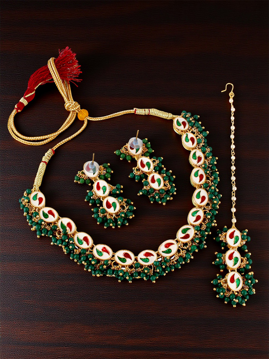 Green Brass Wedding Party Festival Wear Kundan Necklace