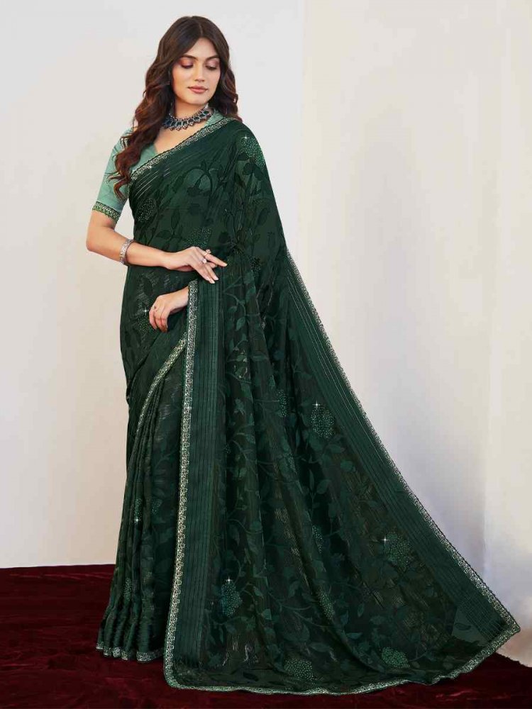 Green Brasso Embroidered Party Festival Classic Style Saree