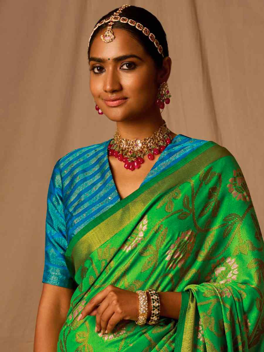 Green Brasso Handwoven Wedding Festival Heavy Border Saree