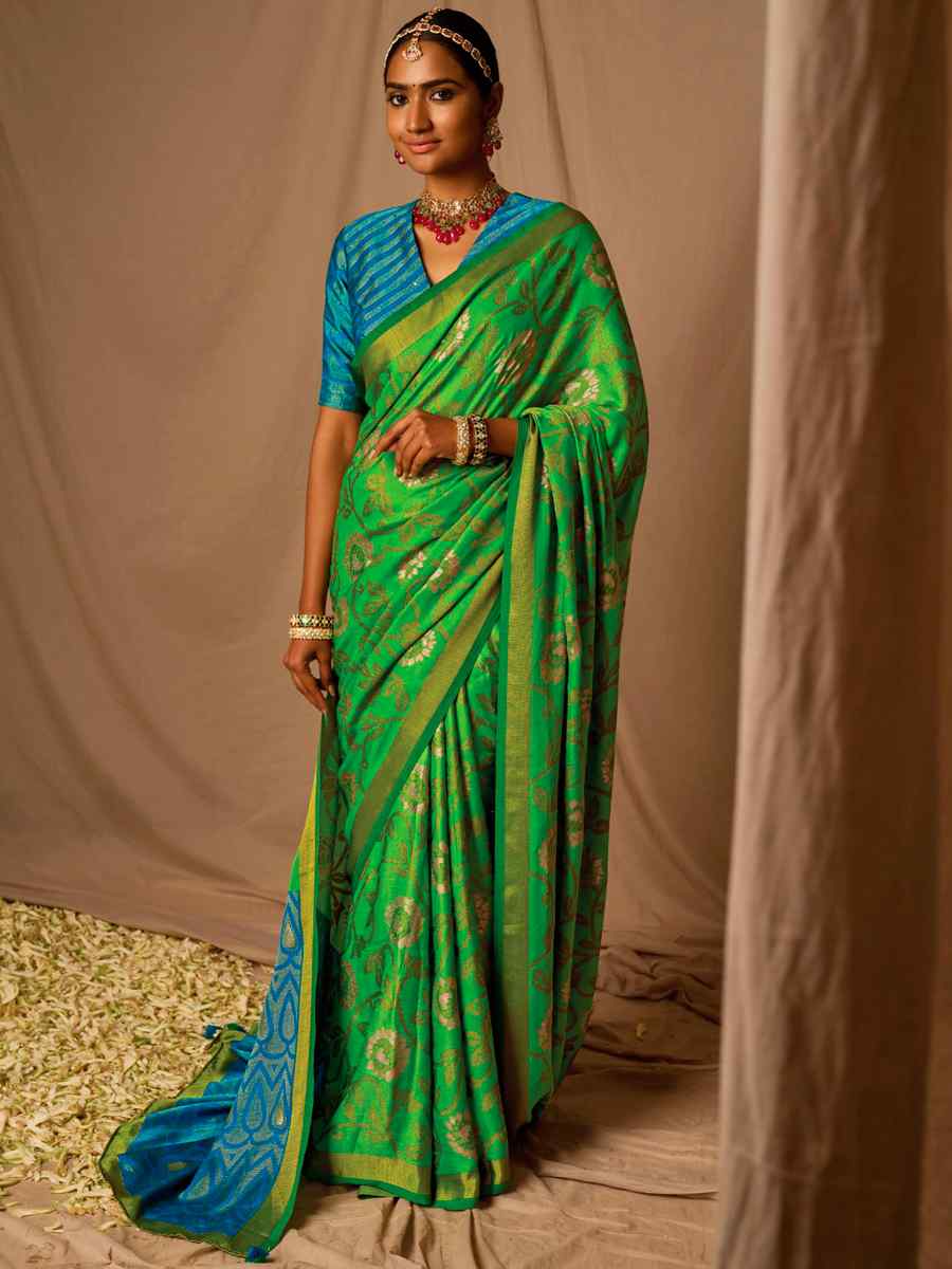 Green Brasso Handwoven Wedding Festival Heavy Border Saree