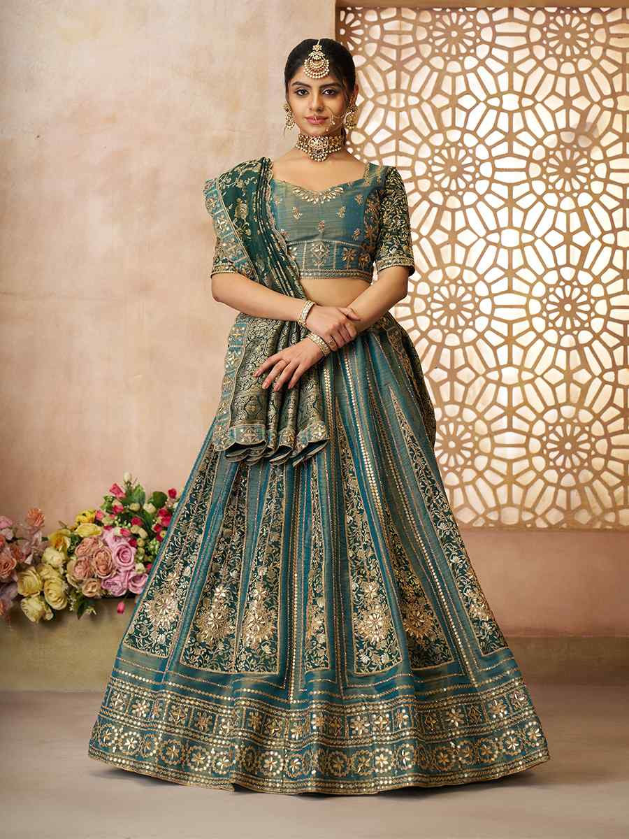 Green Bridal Net and Tissue Embroidered Wedding Bridesmaid Heavy Border Lehenga Choli