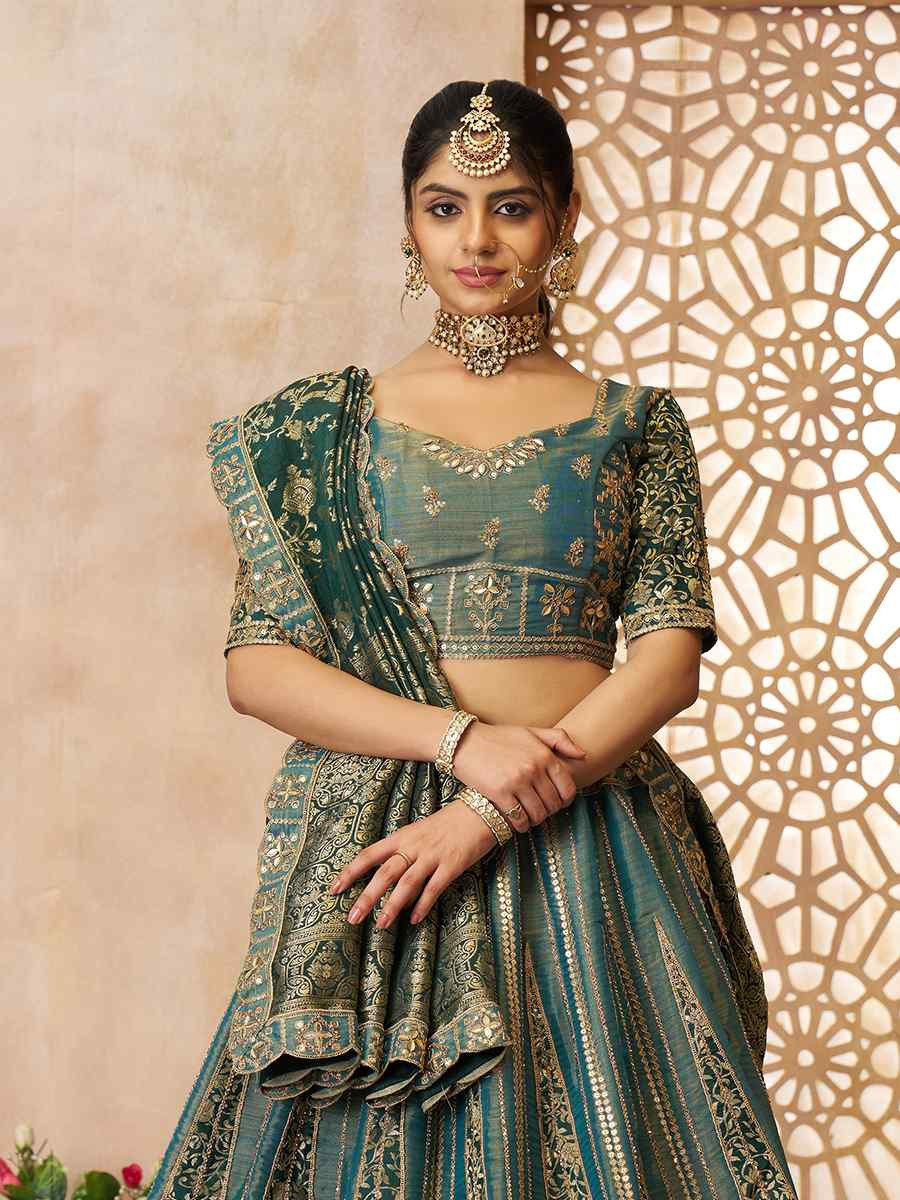 Green Bridal Net and Tissue Embroidered Wedding Bridesmaid Heavy Border Lehenga Choli
