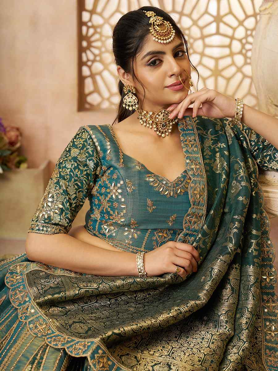 Green Bridal Net and Tissue Embroidered Wedding Bridesmaid Heavy Border Lehenga Choli