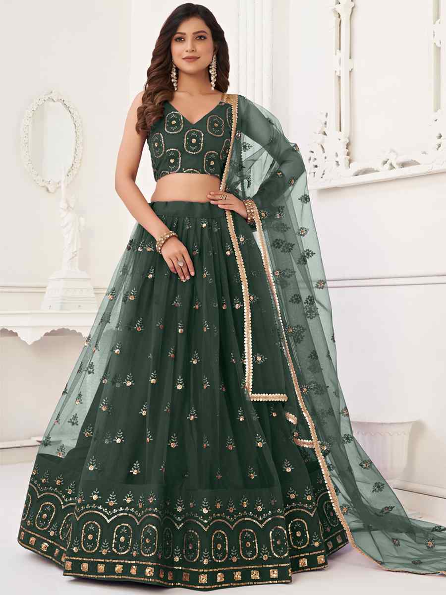 Green Butterfly Net Embroidered Bridesmaid Wedding Heavy Border Lehenga Choli