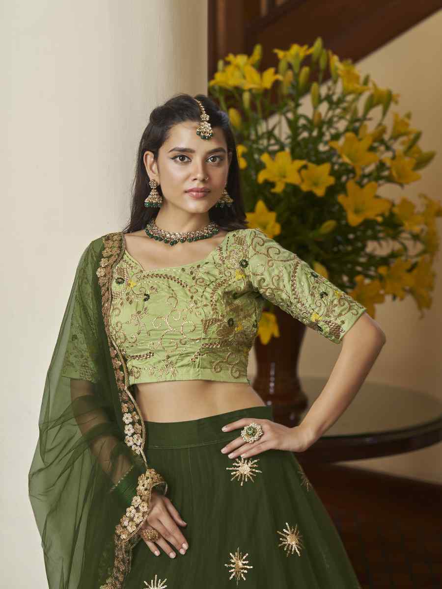 Green Butterfly Net Embroidered Engagement Wedding Heavy Border Lehenga Choli