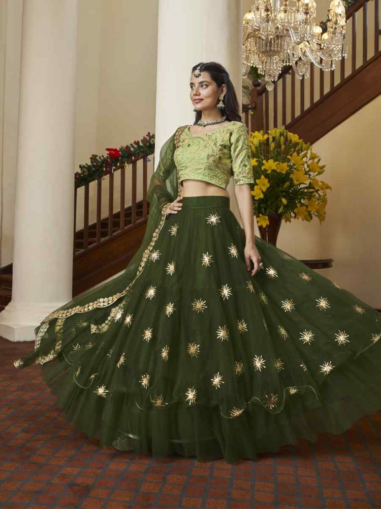 Green Butterfly Net Embroidered Engagement Wedding Heavy Border Lehenga Choli