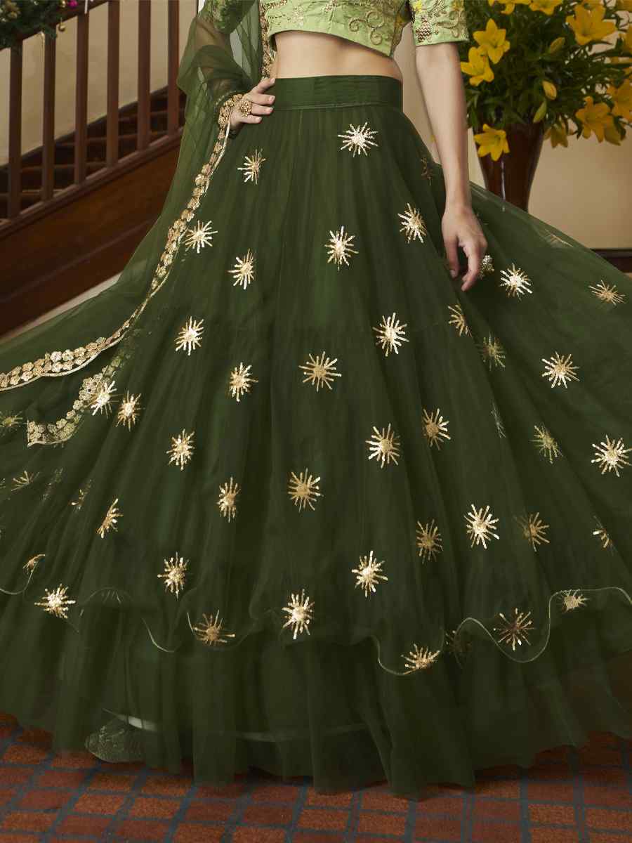 Green Butterfly Net Embroidered Engagement Wedding Heavy Border Lehenga Choli