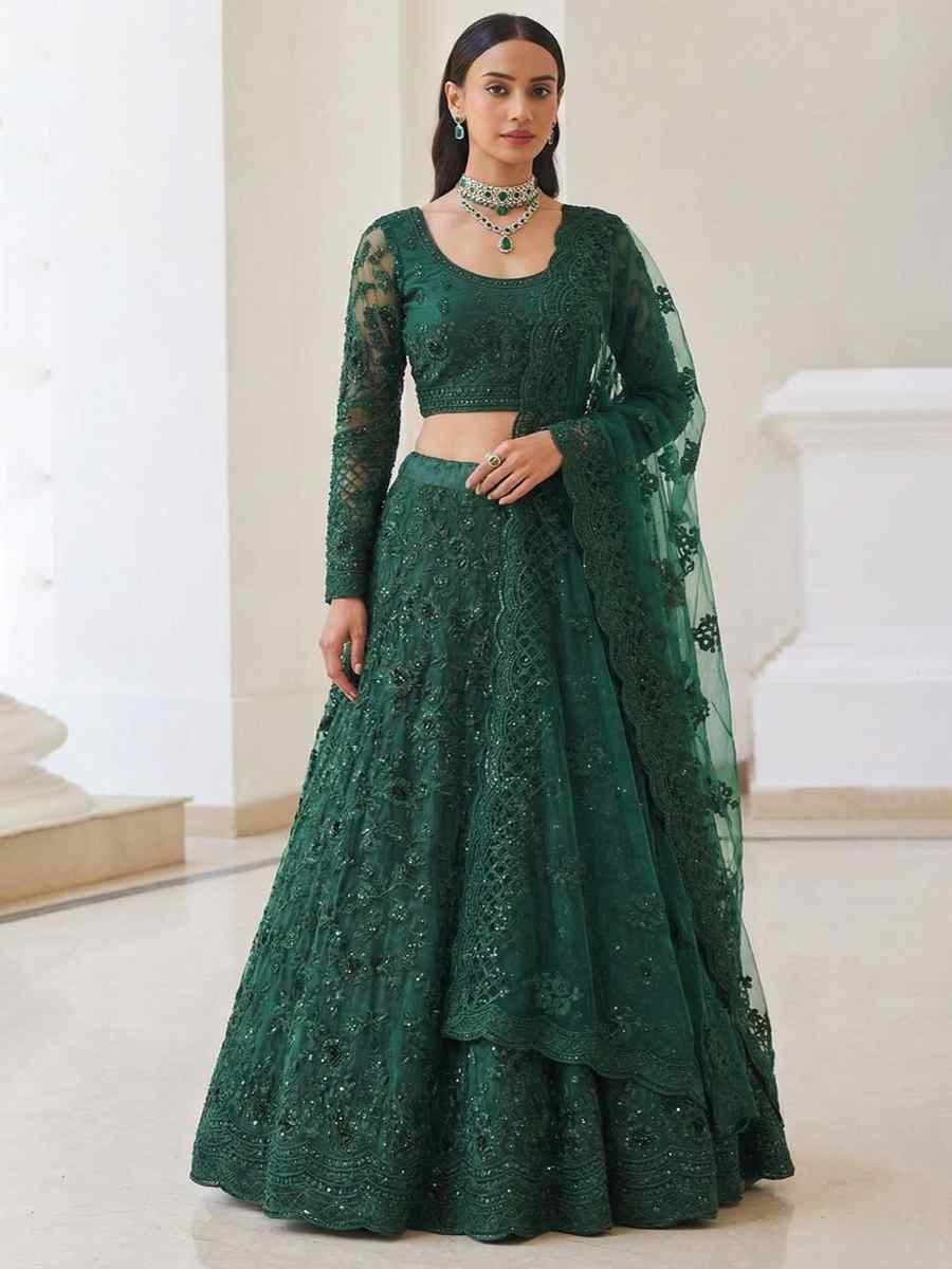 Green Butterfly Net Embroidery Bridal Wedding Reception Festival Heavy Border Lehenga Choli