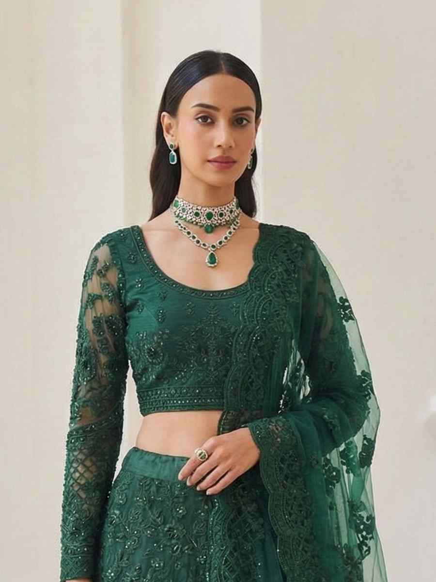 Green Butterfly Net Embroidery Bridal Wedding Reception Festival Heavy Border Lehenga Choli