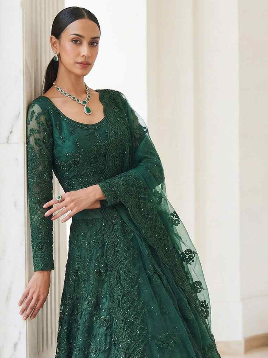 Green Butterfly Net Embroidery Bridal Wedding Reception Festival Heavy Border Lehenga Choli