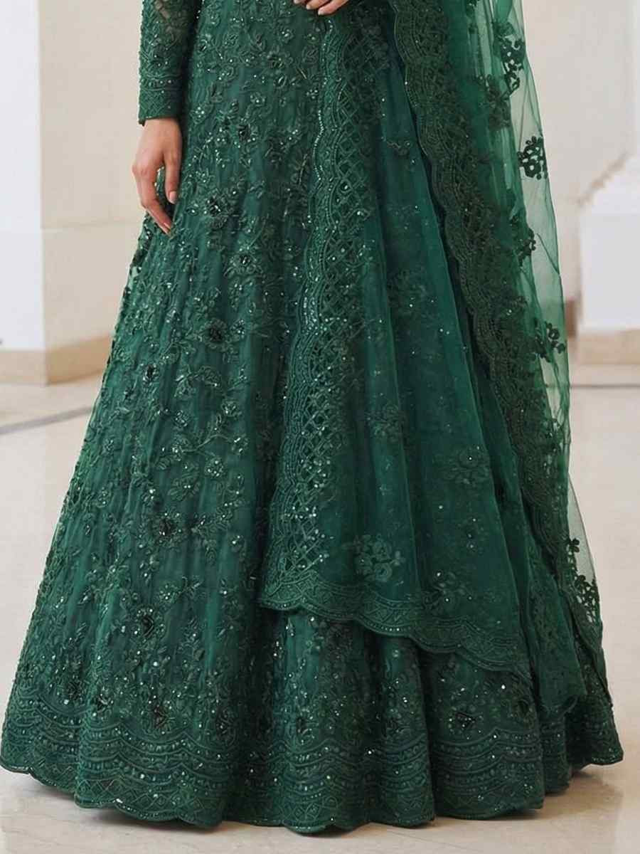Green Butterfly Net Embroidery Bridal Wedding Reception Festival Heavy Border Lehenga Choli