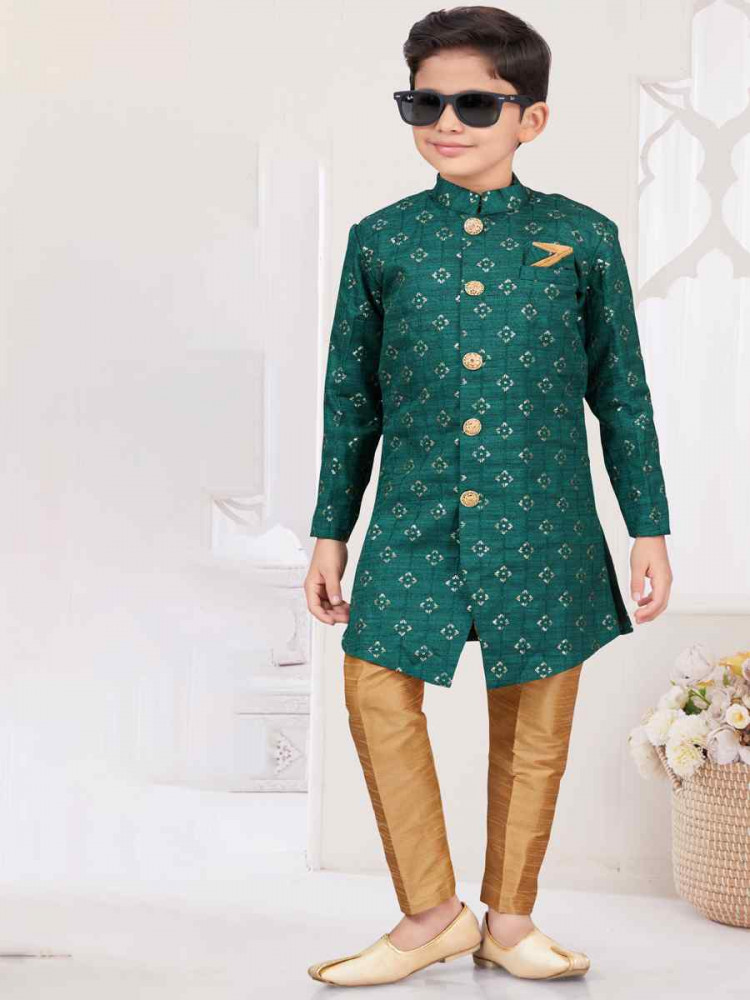Green Champion Silk Embroidered Festival Wedding Kurta Pyjama Boys Wear