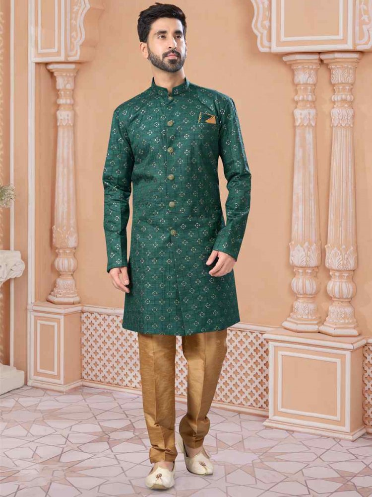 Green Champion Silk Embroidered Groom Wedding Sherwani