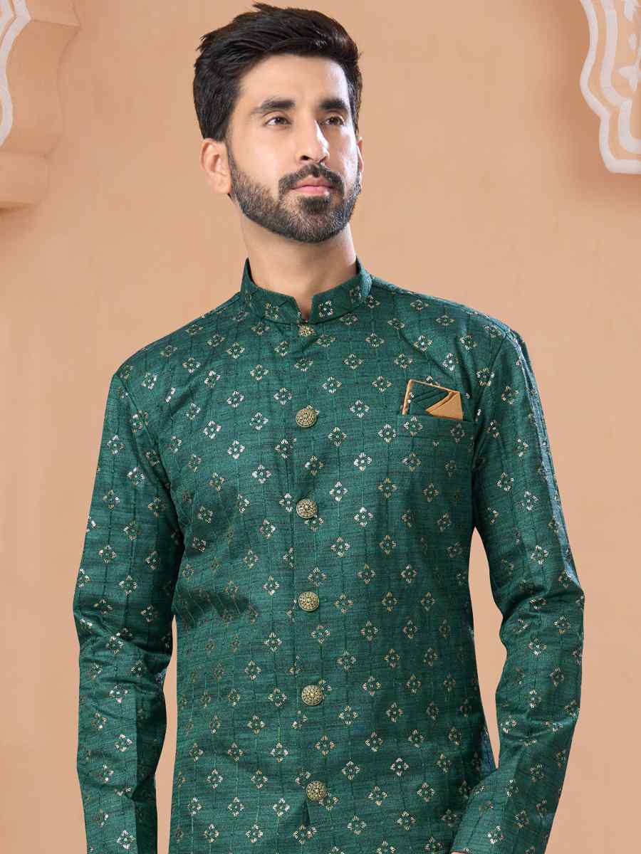 Green Champion Silk Embroidered Groom Wedding Sherwani