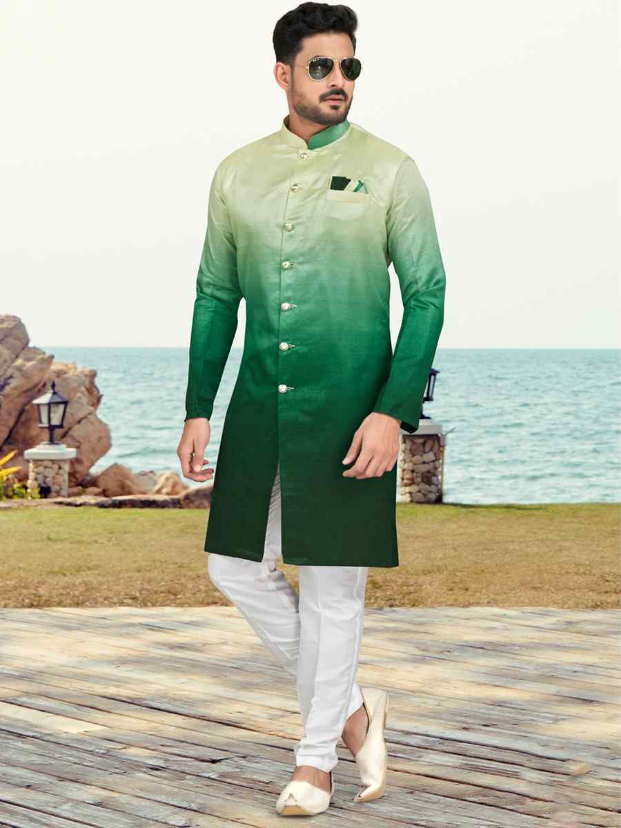 Green Champion Silk Printed Festival Party Sherwani