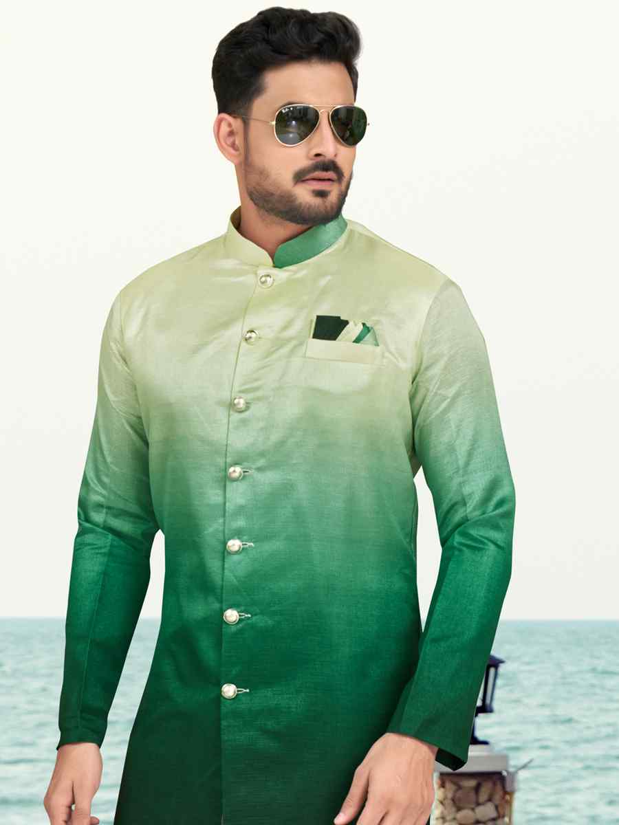 Green Champion Silk Printed Festival Party Sherwani