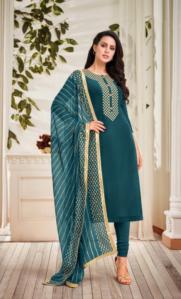 Green Chanderi Cotton Embroidered Casual Party Churidar Salwar Kameez