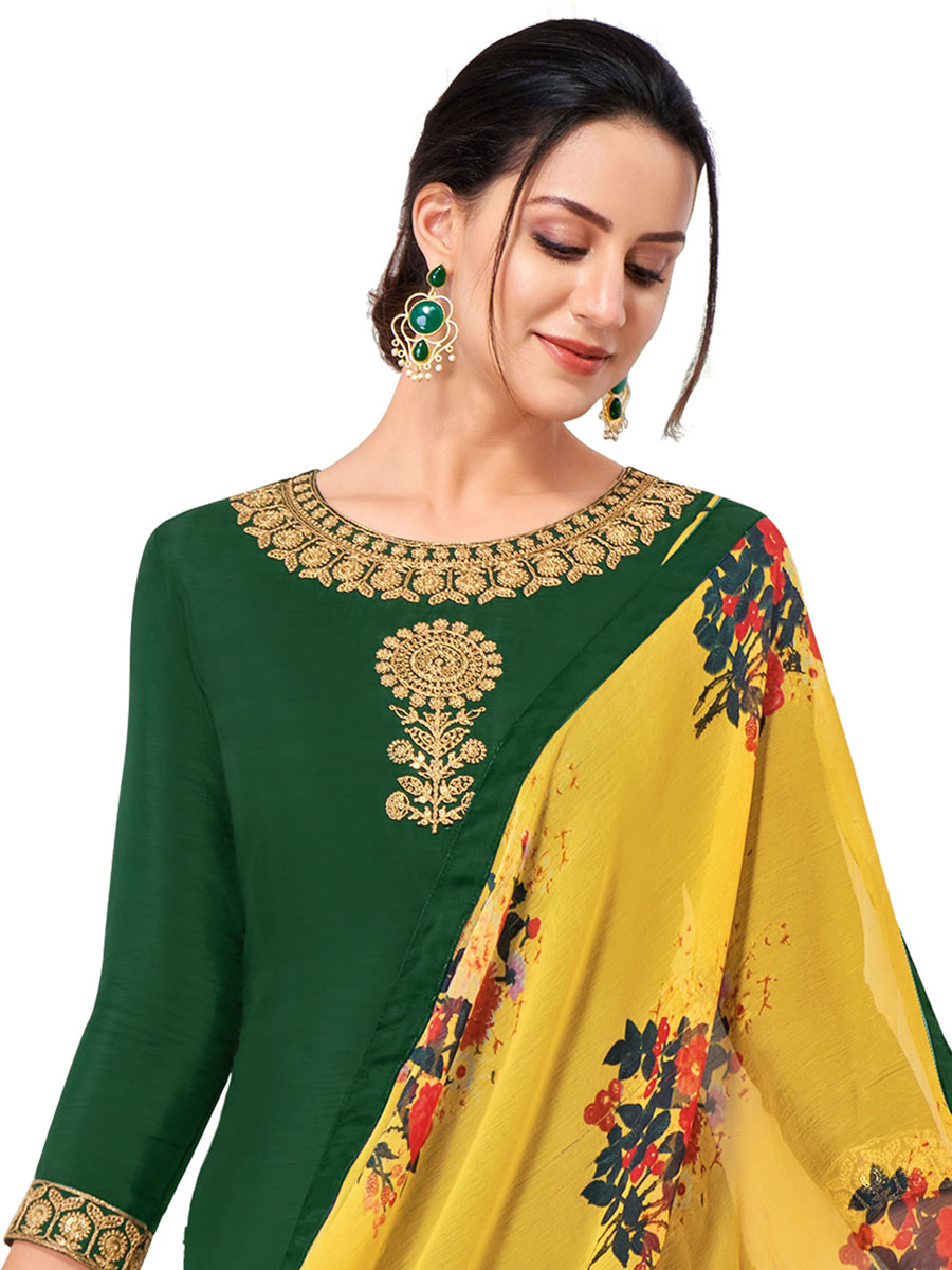 Green Chanderi Cotton Embroidered Party Churidar Pant Kameez