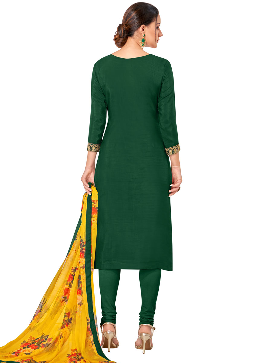 Green Chanderi Cotton Embroidered Party Churidar Pant Kameez
