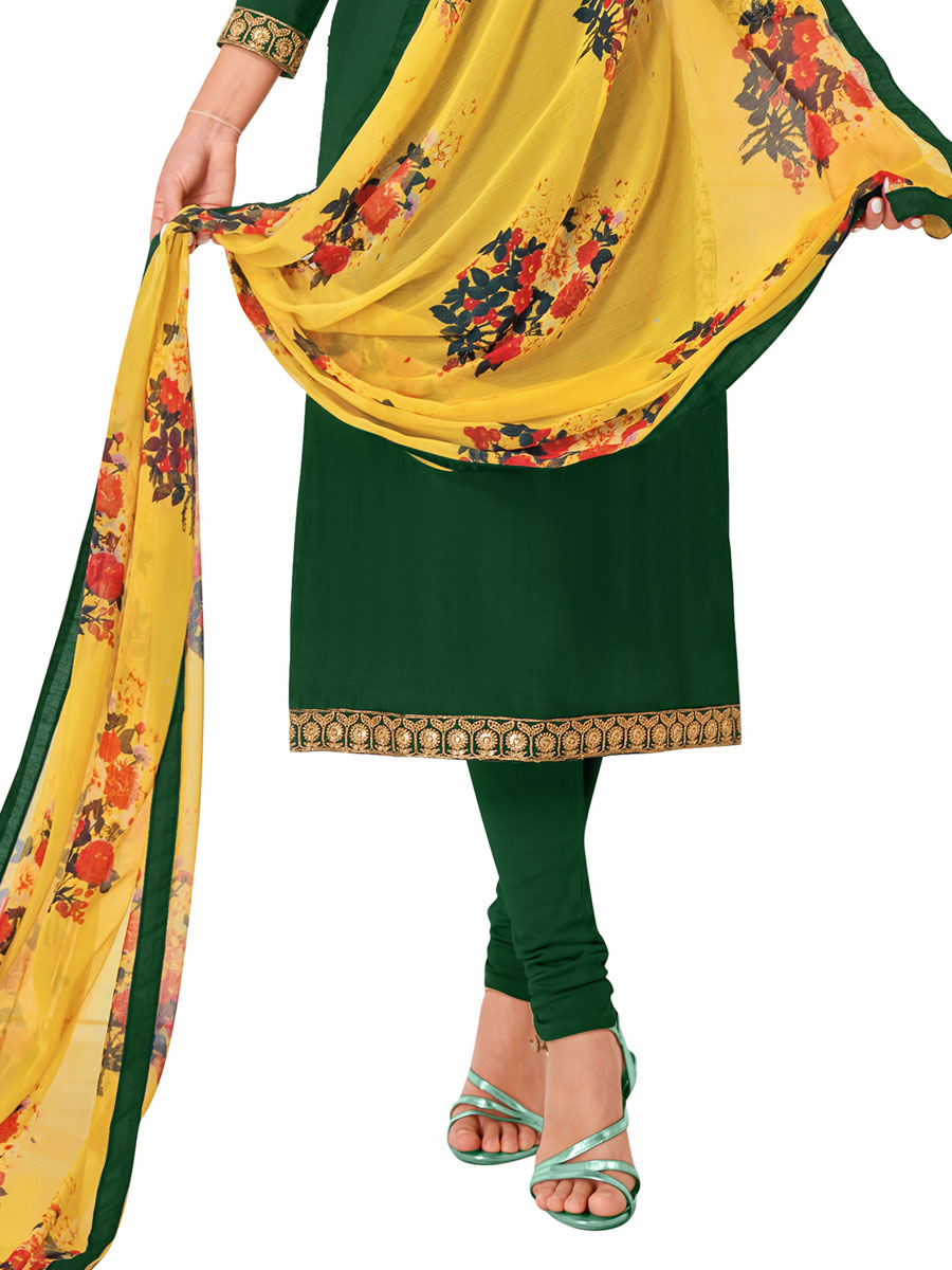 Green Chanderi Cotton Embroidered Party Churidar Pant Kameez