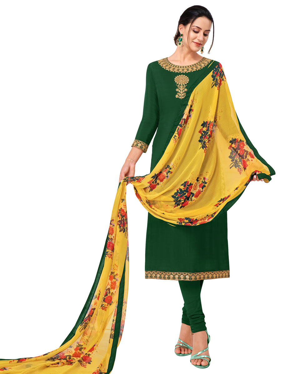 Green Chanderi Cotton Embroidered Party Churidar Pant Kameez