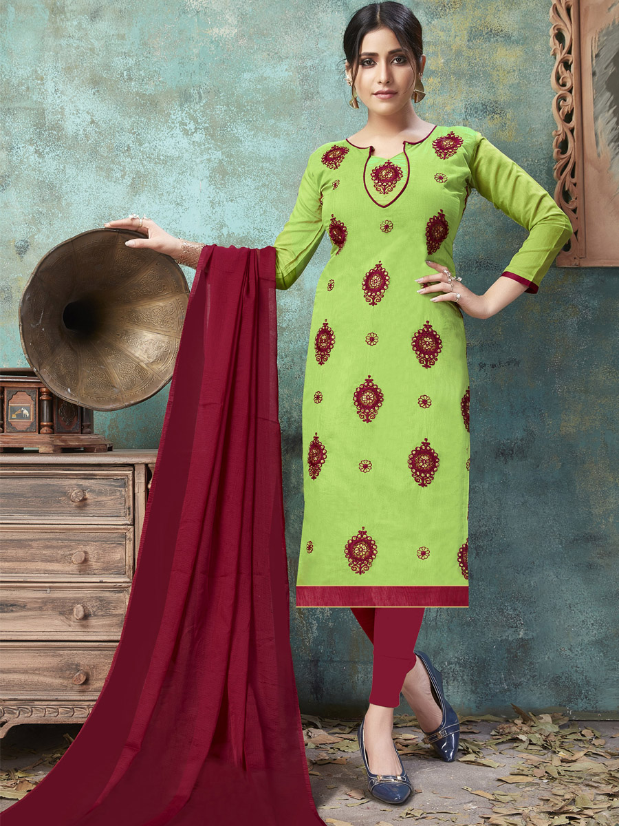 Green Chanderi Cotton Printed Casual Festival Churidar Salwar Kameez