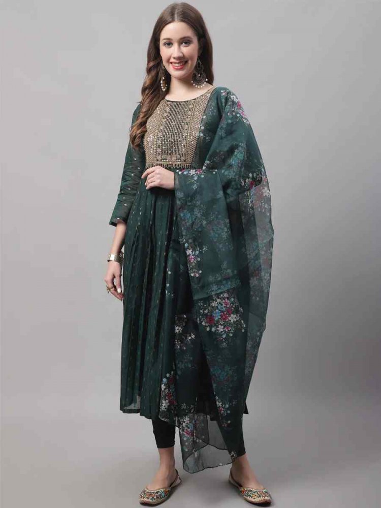 Green Chanderi Modal Butti Embroidered Festival Casual Ready Churidar Salwar Kameez