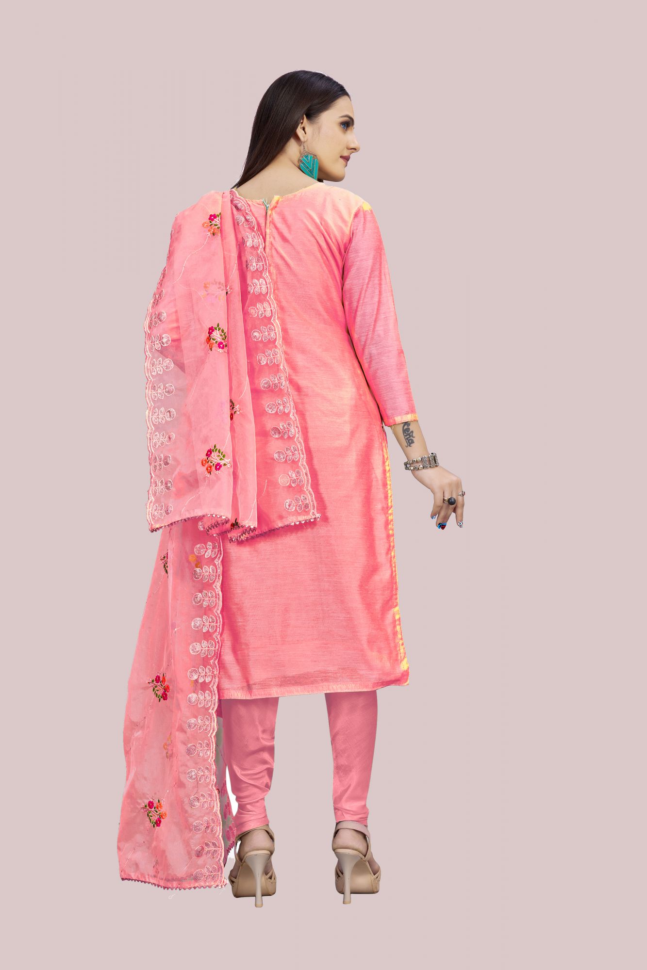 Pink Chanderi Sequins Festival Party Churidar Salwar Kameez