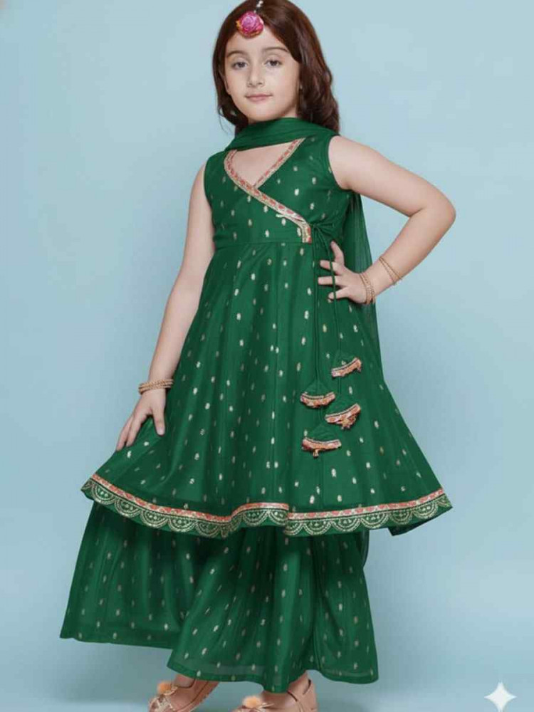 Image of Green Chanderi Silk Embroidered Casual Festival Kurta Sharara Girls Wear