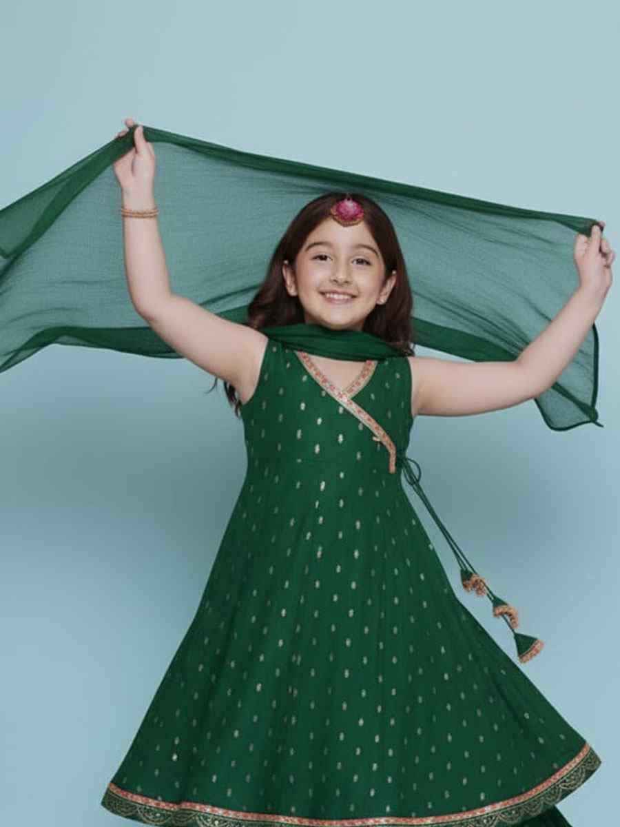 Green Chanderi Silk Embroidered Casual Festival Kurta Sharara Girls Wear