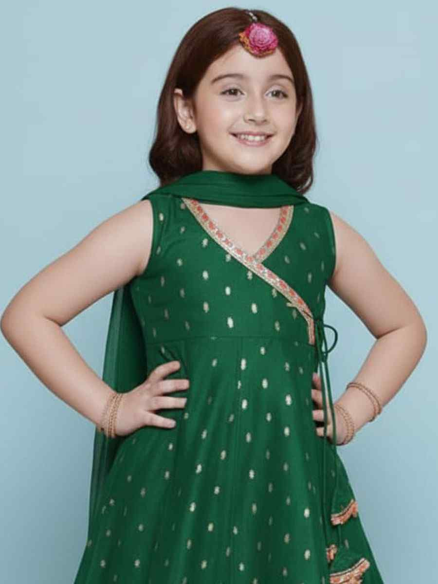 Green Chanderi Silk Embroidered Casual Festival Kurta Sharara Girls Wear