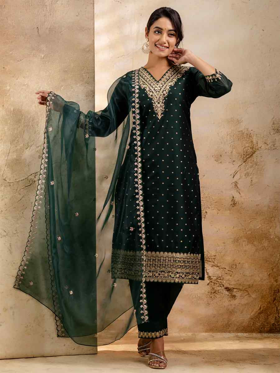 Green Chanderi Silk Embroidered Festival Wedding Ready Pant Salwar Kameez