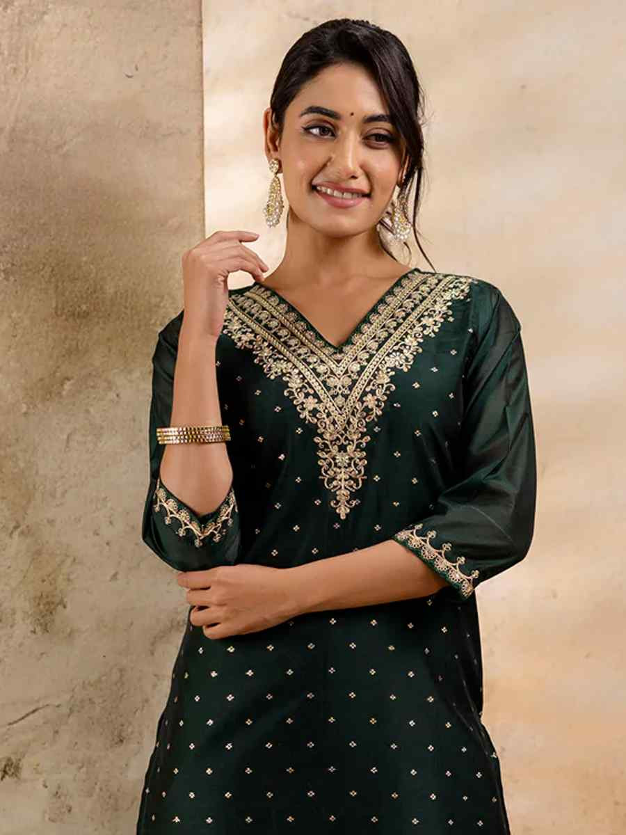 Green Chanderi Silk Embroidered Festival Wedding Ready Pant Salwar Kameez