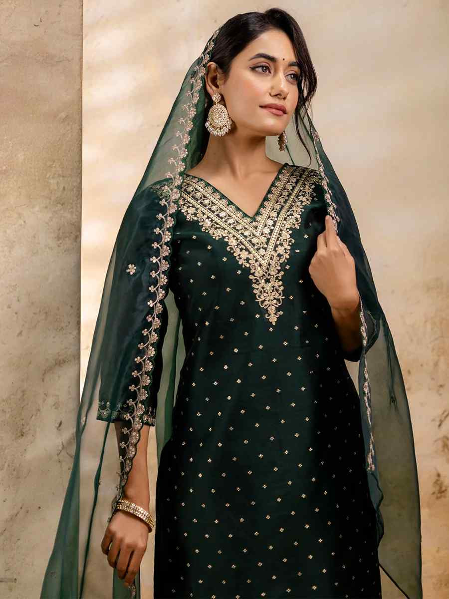 Green Chanderi Silk Embroidered Festival Wedding Ready Pant Salwar Kameez