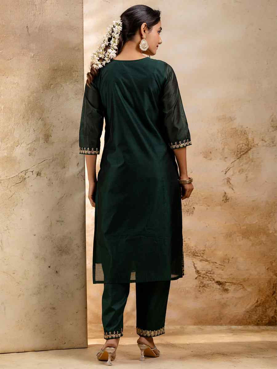 Green Chanderi Silk Embroidered Festival Wedding Ready Pant Salwar Kameez